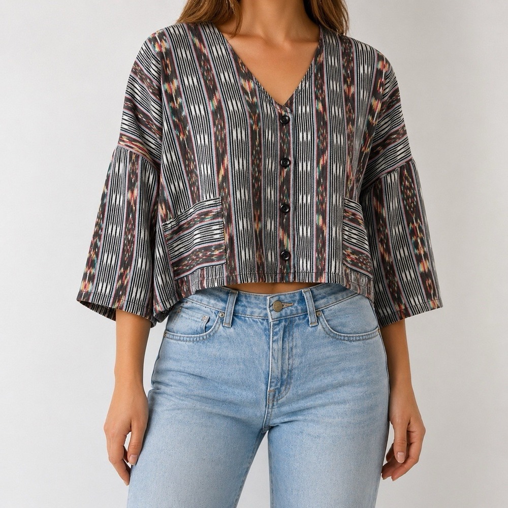 Vintage Passports Pier 1 Imports Top Shirt‎ Womens O/S Woven Boho Hippie Woven